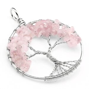 Rose Quartz Flower Shaped Tree of Life Metal Pendant