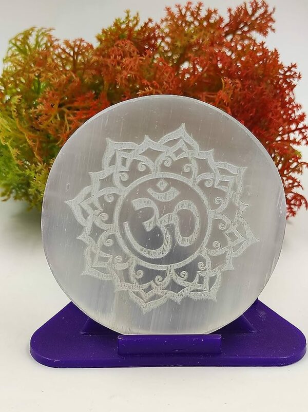 Ohm design Etched Selenite charging Round Disc-Engraved Selenite Disc-Engraved Selenite Charging Plate