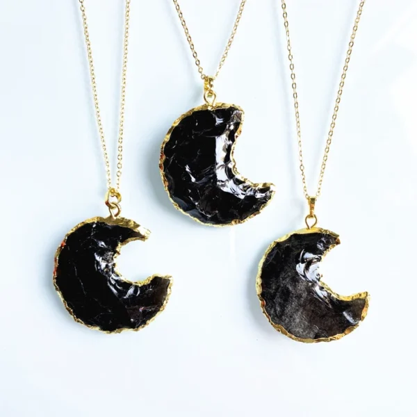 Handcrafted Black Obsidian Electroplated Crescent Moon Pendents-Black Obsidian Crescent Moon Pendent with Gold rim-Handknapped Arrowheads Pendents