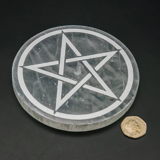 Handmade Large Selenite Crystal Charging Station With Engraved Pentagram Symbol