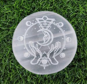 Crescent Moon & Moon Phase Engraved Selenite Charging Plate