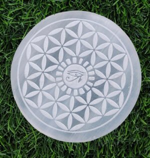 Flower of Life & Eye of Horus Engraved Selenite Plate