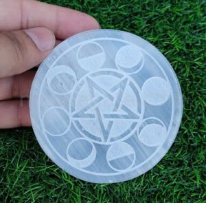 Selenite Pentagram Moon Phase Engraved Crystals Charging Plate