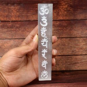Laser Etched Selenite Stick With Ohm Sanskrit words Engraved-selenite sticks wholesale