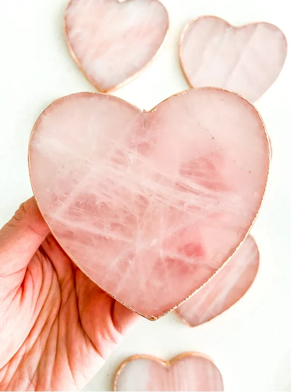 Rose Quartz Crystal Slices Heart Shape Coaster With Gold Edge-slices of agate