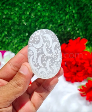 Selenite Moons & Stars Engraved Palm Stone