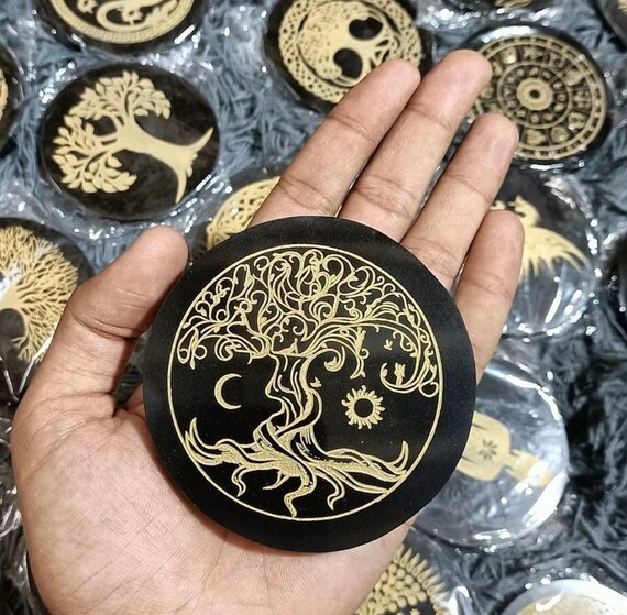 Natural Stone Black Agate Engraved Charging Round Plate